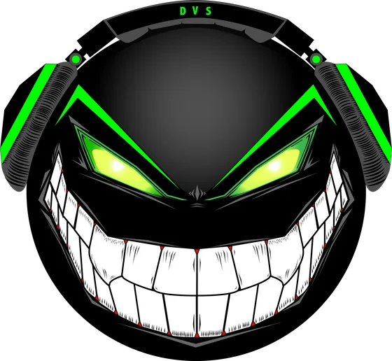 DVS logo: a grinning black face with glowing green eyes wearing headphones